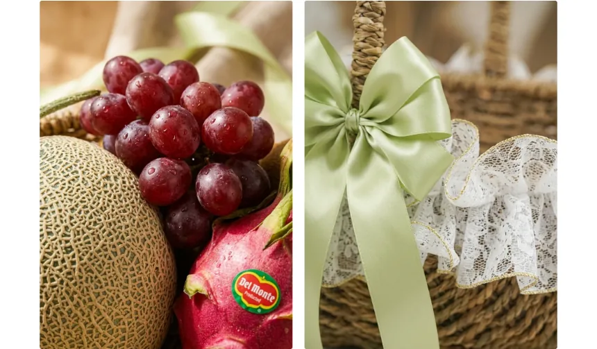 Close-up of a netted melon, red grapes and a dragon fruit next to a pale-green satin bow and white lace on the basket handle