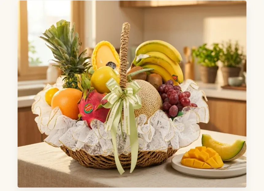 Premium fruit basket on a kitchen counter with a plate of sliced mango and melon in front