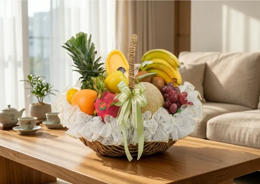 Premium fruit basket on a wooden coffee table in a sunlit living room with a sofa and tea set