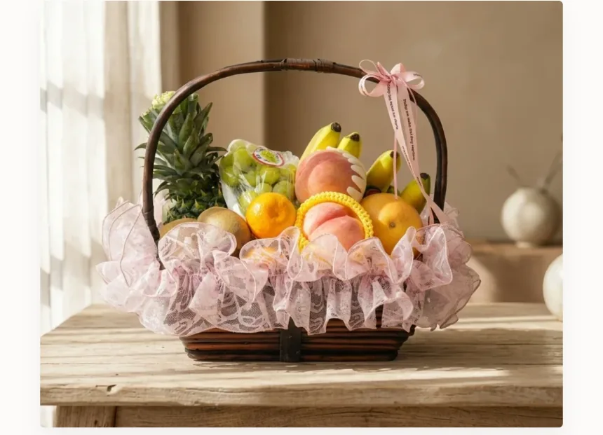 Giỏ trái cây tiêu chuẩn với ren hồng trên bàn gỗ cạnh rèm mỏng