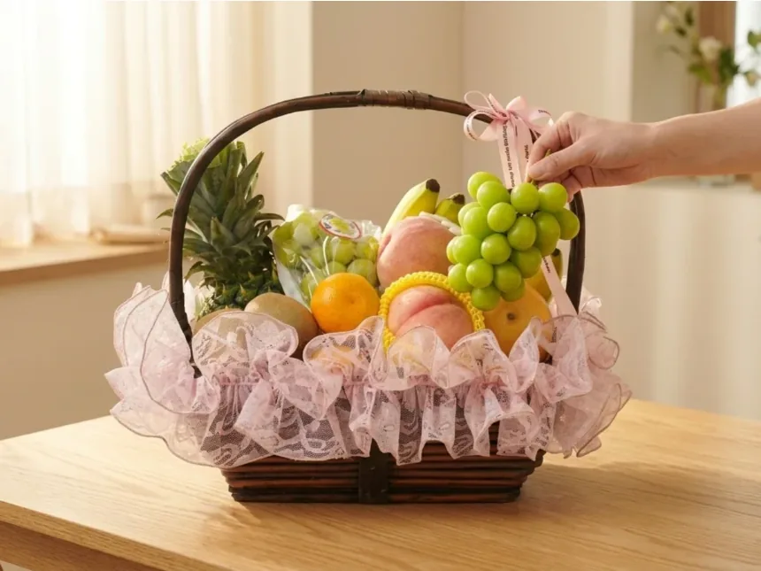 Bàn tay nhấc chùm nho xanh từ giỏ trái cây có ren hồng