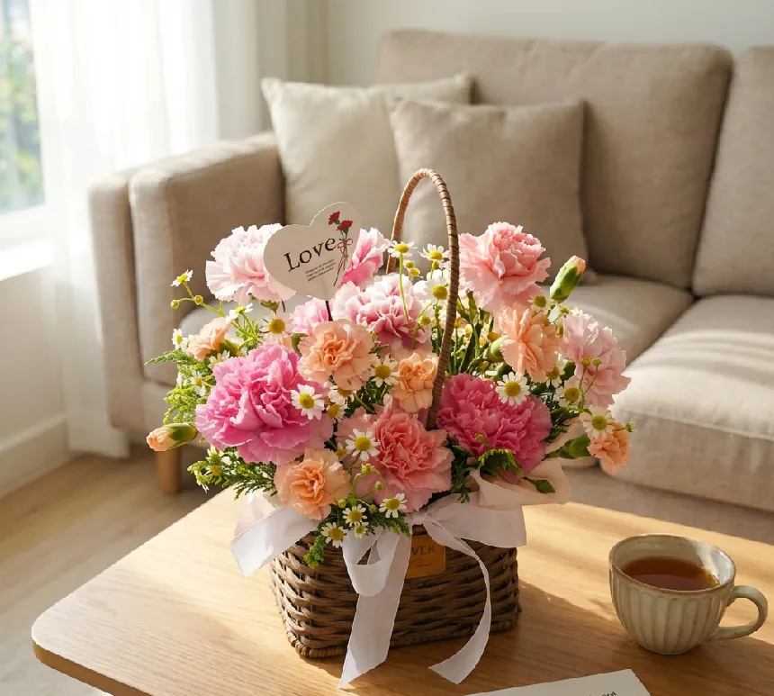 Giỏ mây cẩm chướng hồng và đào với cúc dại trắng nhỏ trên bàn trà gỗ cạnh tách trà, phía sau là ghế sofa