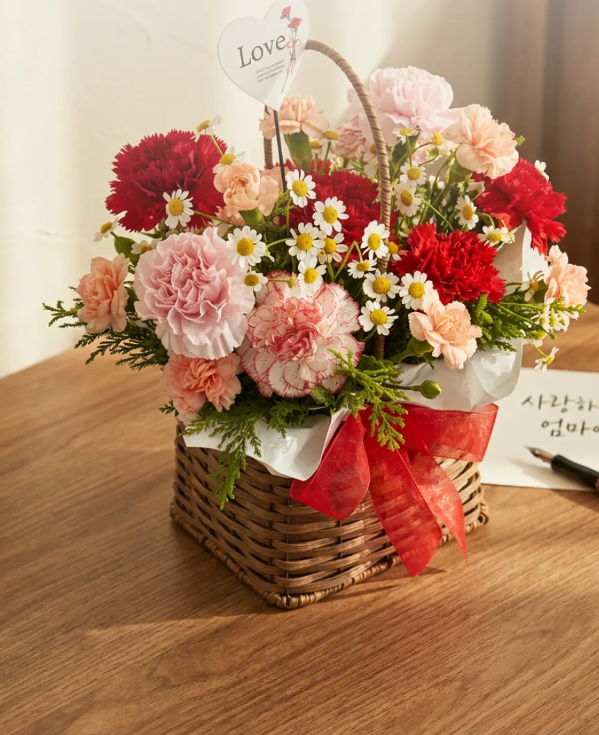 Giỏ mây cẩm chướng đỏ thẫm, hồng nhạt, đào và trắng viền đỏ với cúc dại trắng nhỏ và lá xanh, thắt ruy băng voan đỏ và cài que trái tim Love, trên bàn gỗ cạnh một lời nhắn viết tay