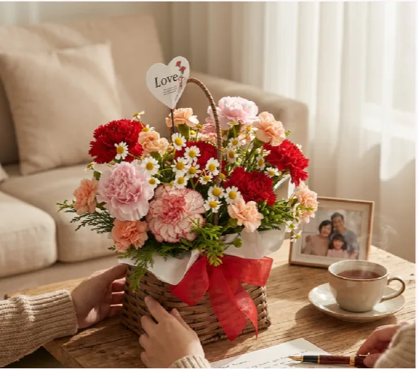 Đôi tay đặt giỏ cẩm chướng đỏ lên bàn trà trong phòng khách, bên cạnh có ảnh gia đình đóng khung và tách trà