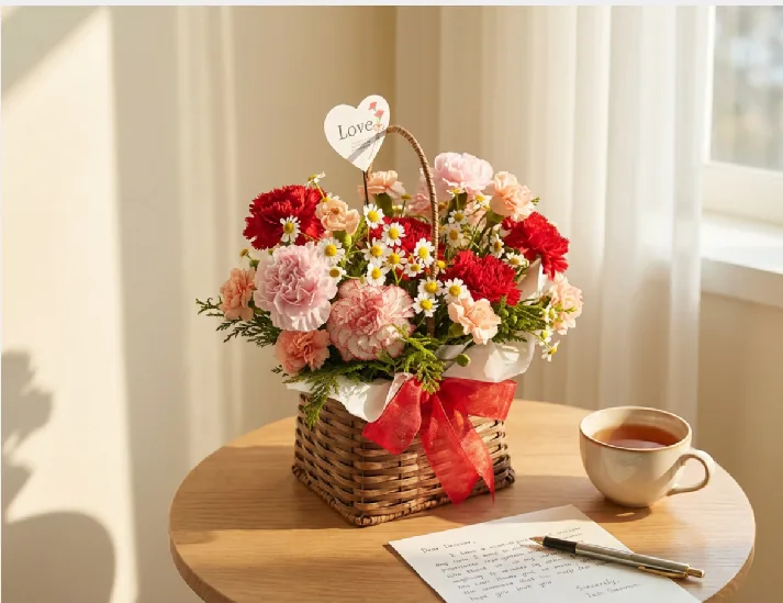 Giỏ cẩm chướng đỏ trên bàn phụ gỗ tròn cạnh tấm rèm đầy nắng, cùng tách trà, thư viết tay và cây bút