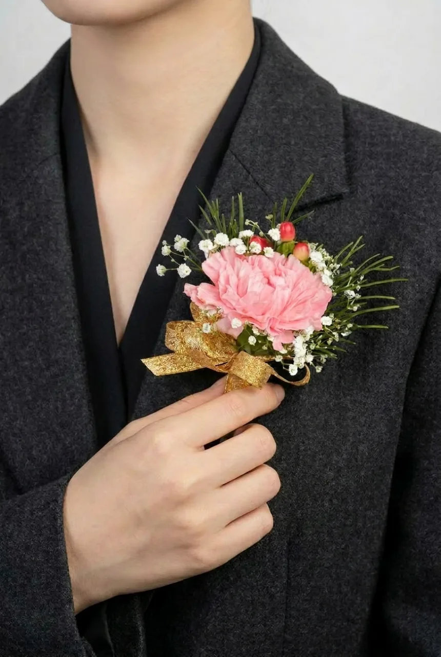Man in a dark suit holding a pink carnation corsage with berries, baby's breath and a gold ribbon