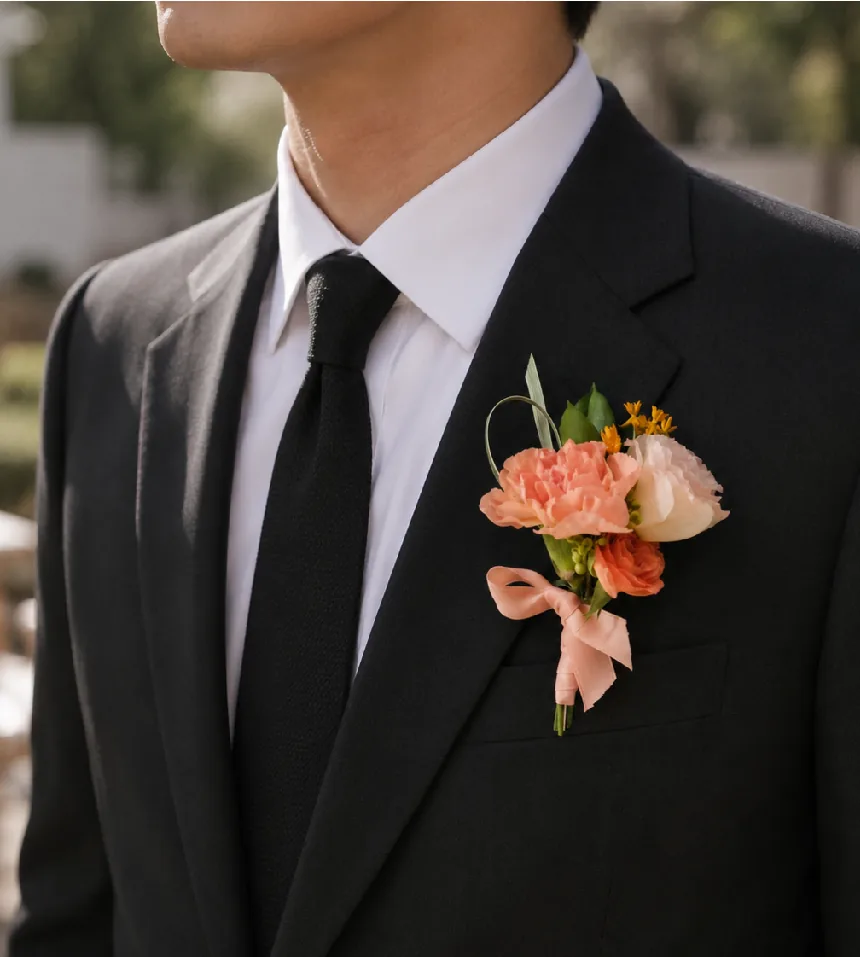 Man in a black suit and tie with a coral and peach corsage tied with a pink ribbon