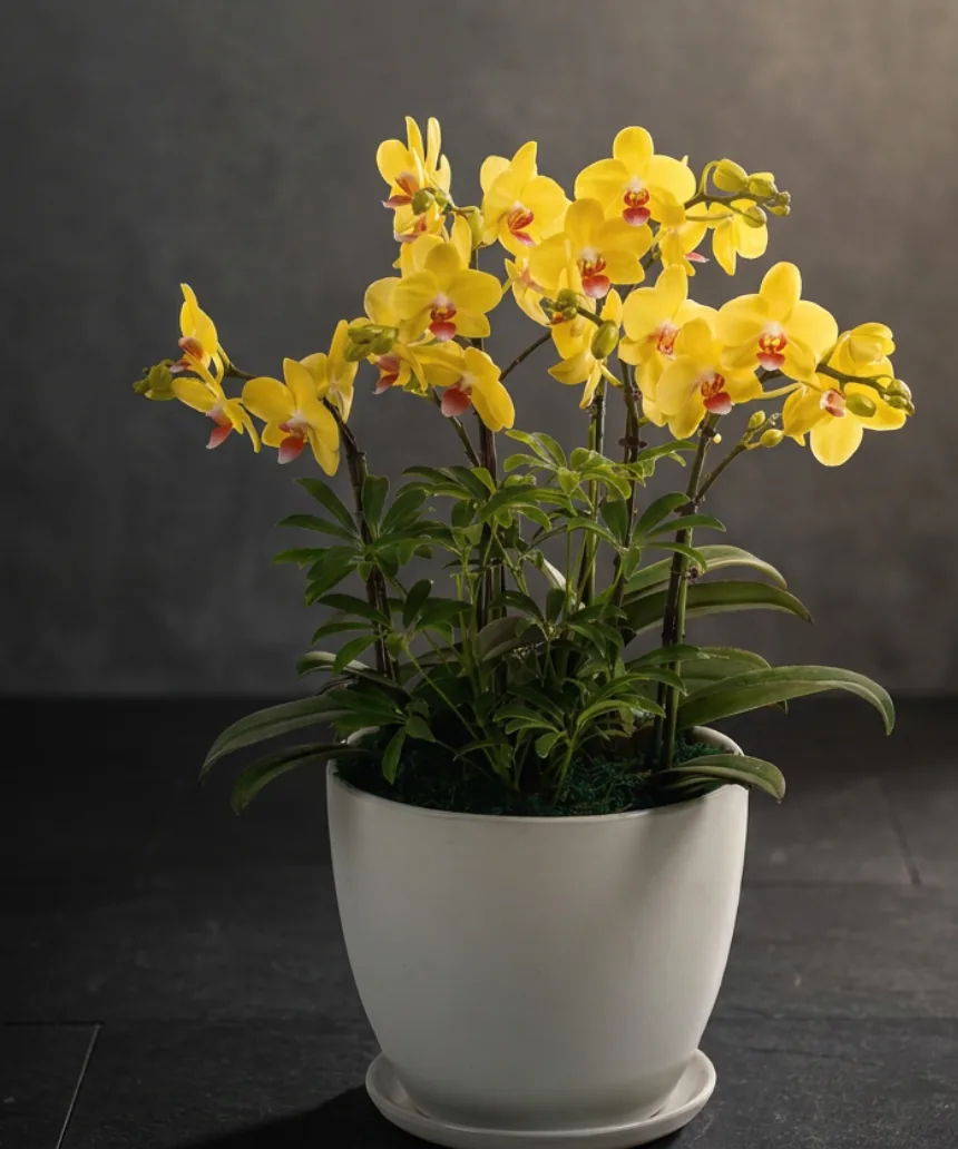 Yellow Phalaenopsis orchids with red-orange centres and green foliage in a glossy white ceramic pot on a dark background