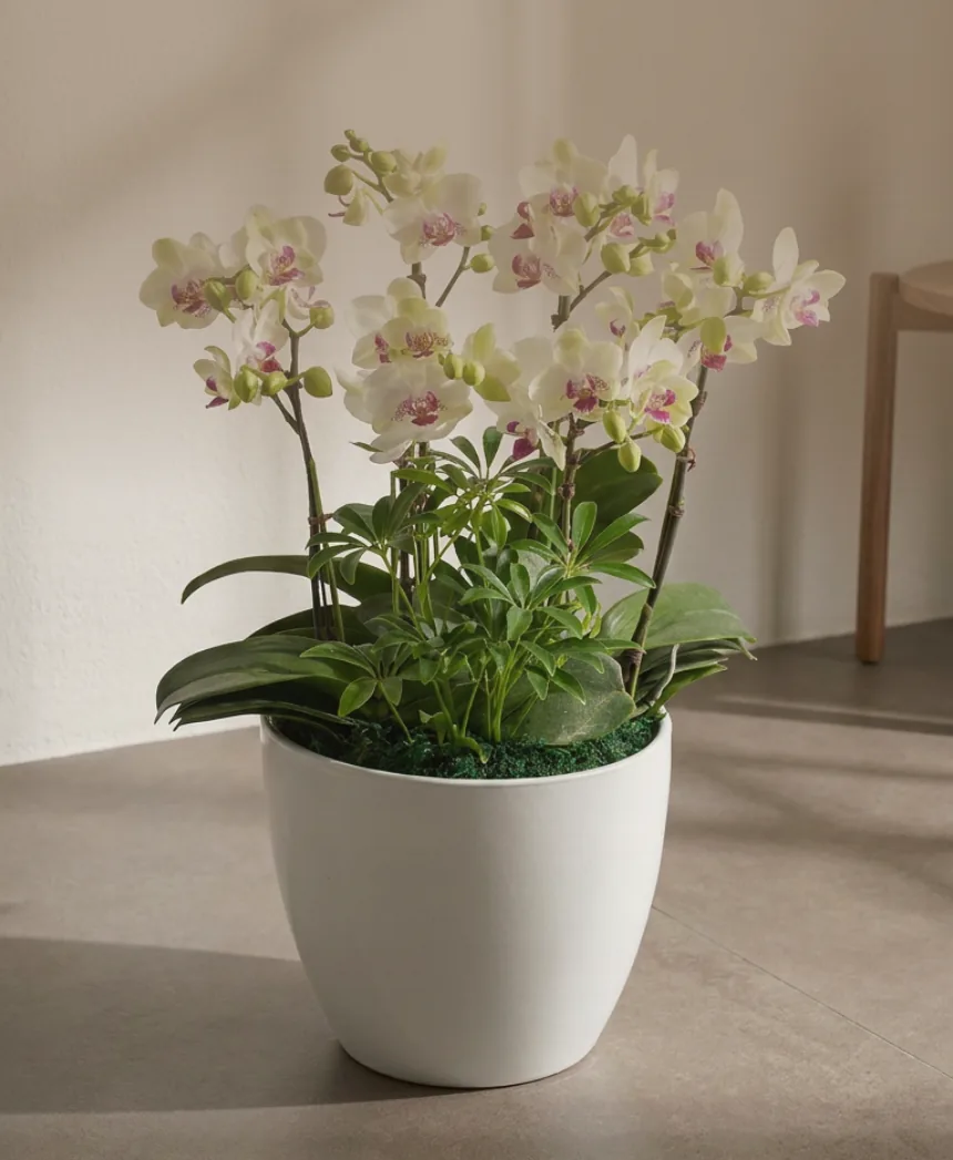 Green Bear Phalaenopsis with pale green flowers and green foliage in a white ceramic pot on a tiled floor