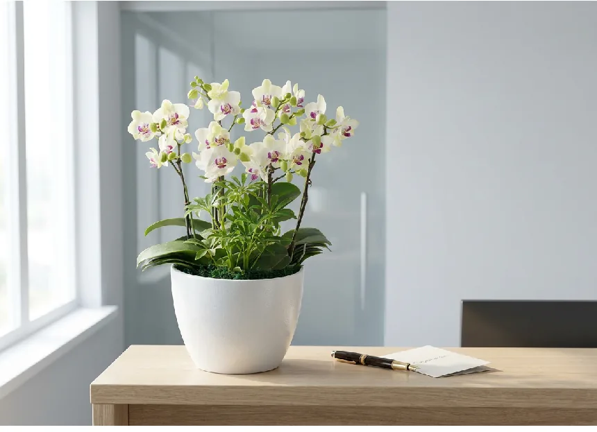 Green Bear Phalaenopsis on an office desk with a fountain pen and a card, glass partition behind