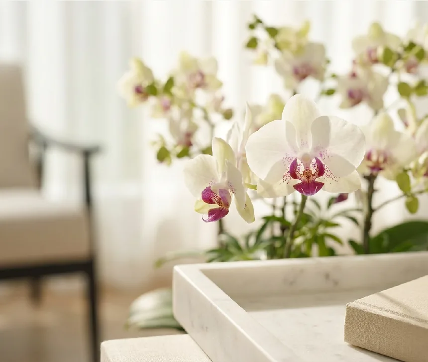 Close-up of Green Bear Phalaenopsis blooms with pale green petals and purple centres beside a marble tray