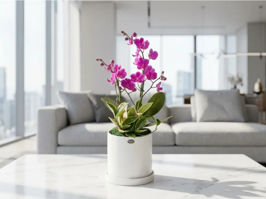 Mancheonhong Phalaenopsis on a marble coffee table in a bright living room with a grey sofa and city view