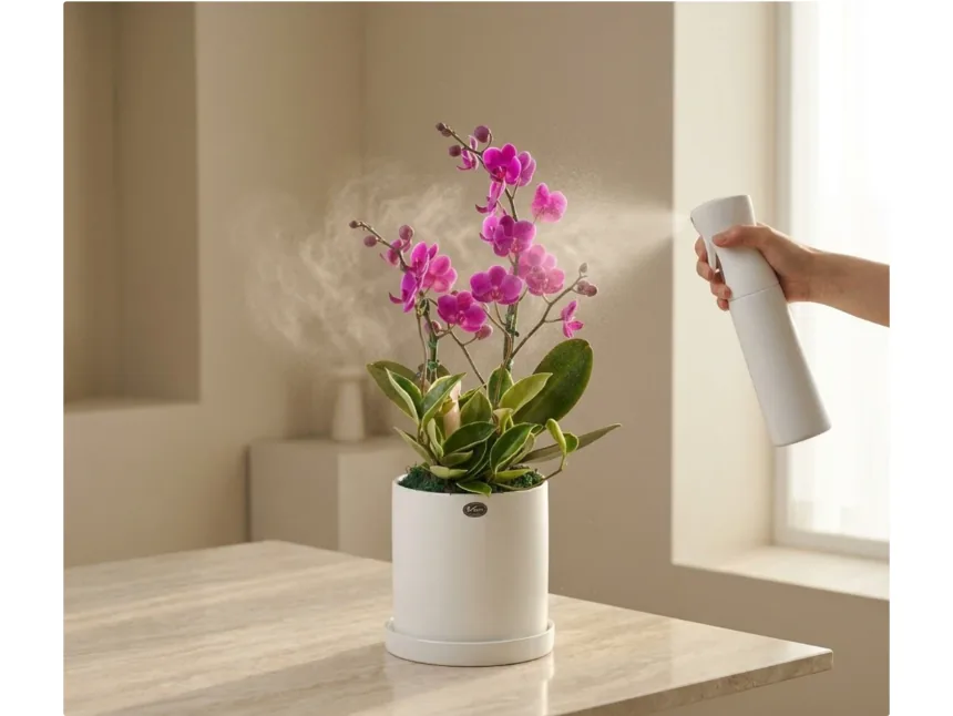 A hand misting Mancheonhong Phalaenopsis flowers with a white spray bottle on a wooden table