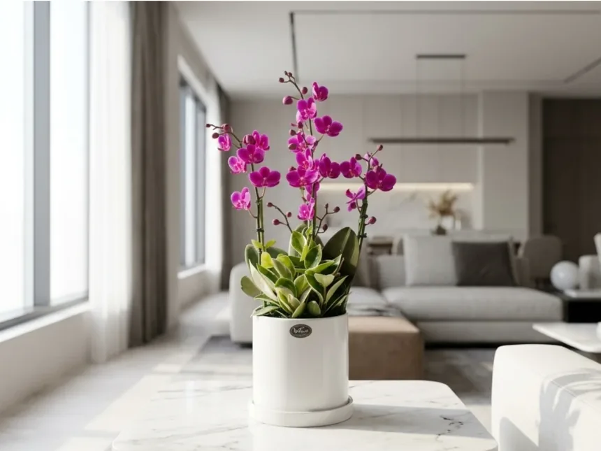 Mancheonhong Phalaenopsis on a marble coffee table in a modern living room with a light grey sofa and tall windows