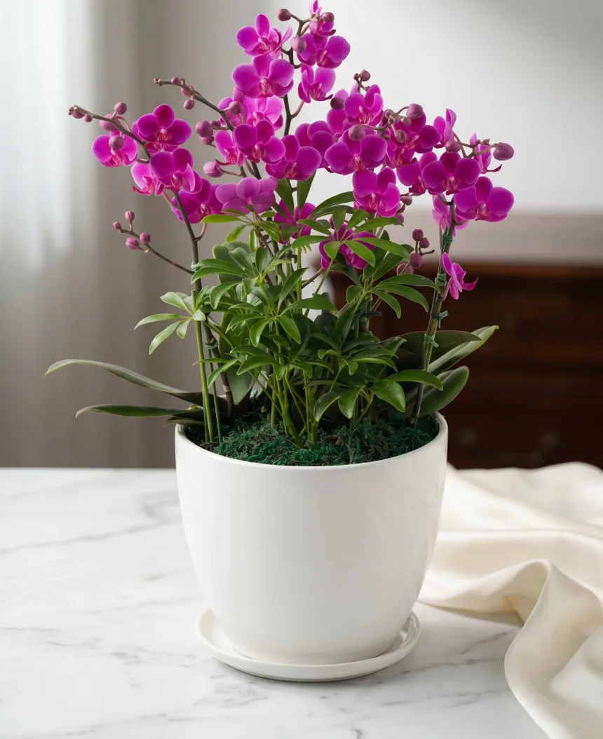 Lan hồ điệp Mancheonhong magenta với lá xanh trong chậu sứ trắng trên bàn đá cẩm thạch