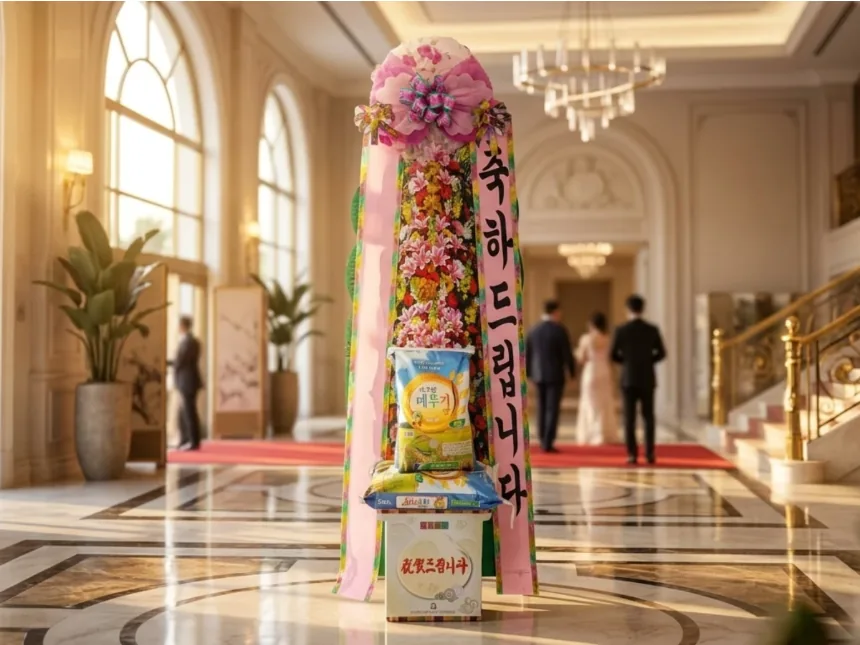 Rice wreath standing in a hotel lobby with guests in the background