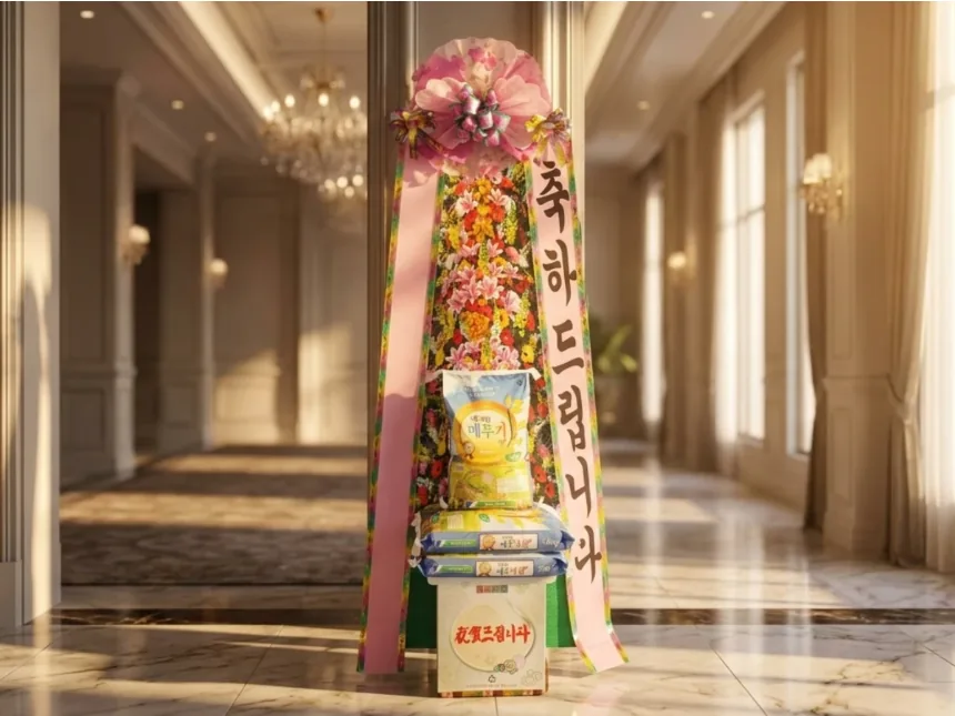Rice wreath standing in a hotel corridor under a chandelier