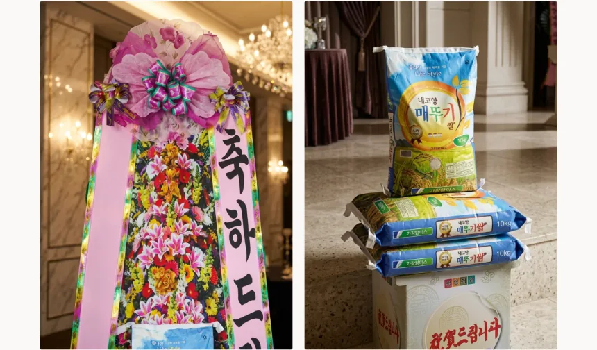 Close-up of the pink fan and flower panel, and the three 10 kg rice bags stacked on the stand