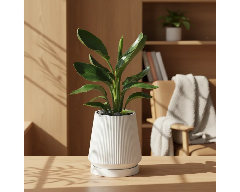 Bird of paradise plant in a white ribbed pot on a wooden table in a warm living room