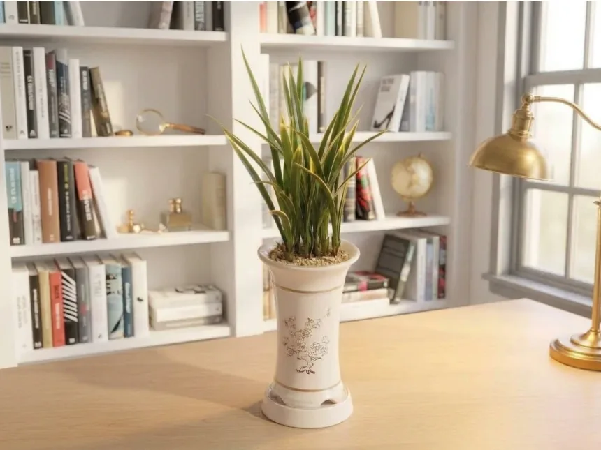 Hwangnyonggeum orchid in a white pot on a desk in front of a bookshelf and a brass lamp