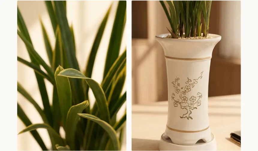 Close-up of gold-edged orchid leaves beside a detail of the white pot with a plum-blossom drawing