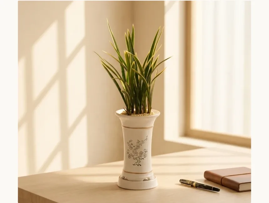 Hwangnyonggeum orchid on a desk by a sunlit window with a notebook and fountain pen