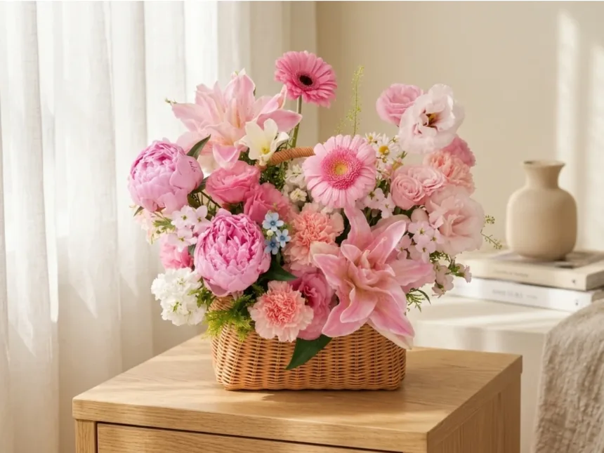 Pink and white flower arrangement in a rattan basket on a wooden cabinet beside a sheer curtain