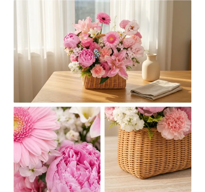 Collage: the pink flower basket on a table by a window, with close-ups of a gerbera and a peony bloom and of the rattan weave