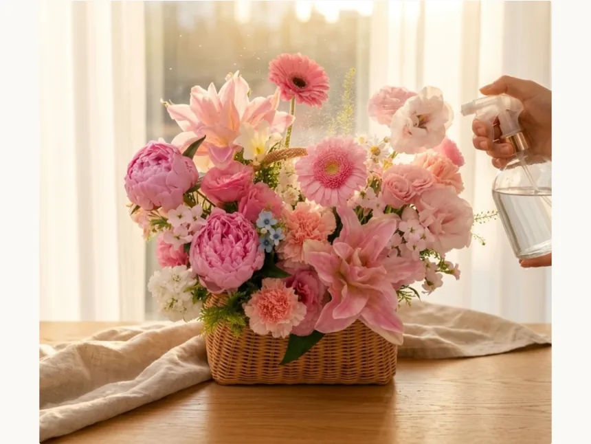 Hand misting the pink flower basket with a spray bottle in front of a bright window