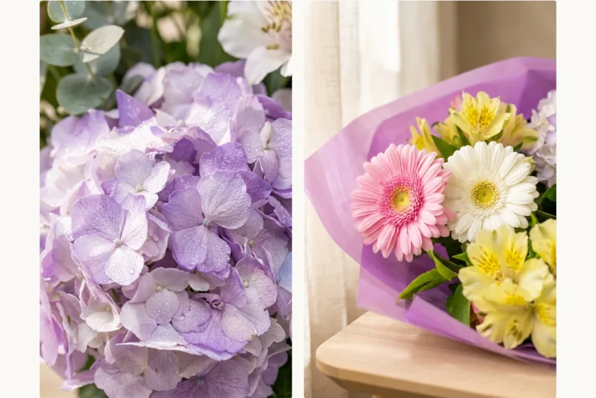 Cận cảnh cẩm tú cầu tím nhạt với lá bạch đàn, cùng đồng tiền hồng và alstroemeria vàng trong lớp gói oải hương