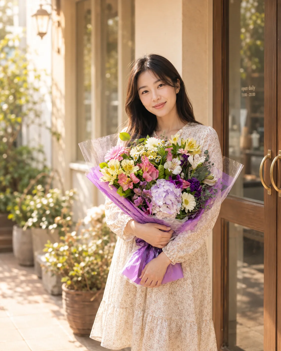 Người phụ nữ cầm bó hoa Sắc oải hương bừng nở trước cửa một cửa hàng trong ánh chiều
