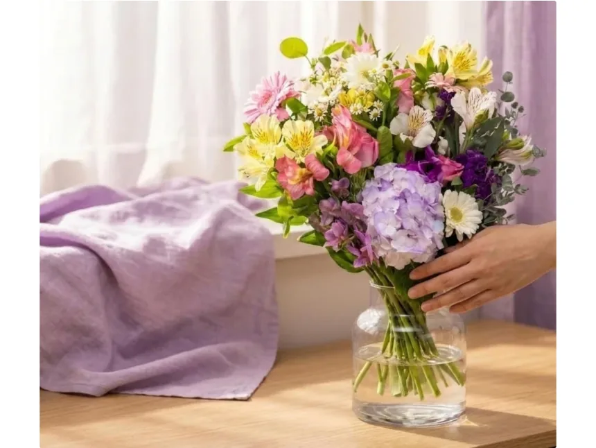 Bó hoa Sắc oải hương bừng nở cắm trong bình thủy tinh trong suốt trên bàn gỗ cạnh cửa sổ