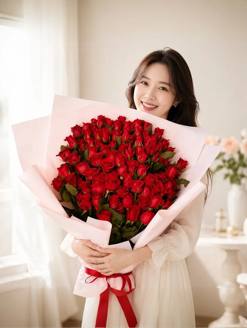 Người phụ nữ mỉm cười cầm bó một trăm bông hồng đỏ trong căn phòng sáng