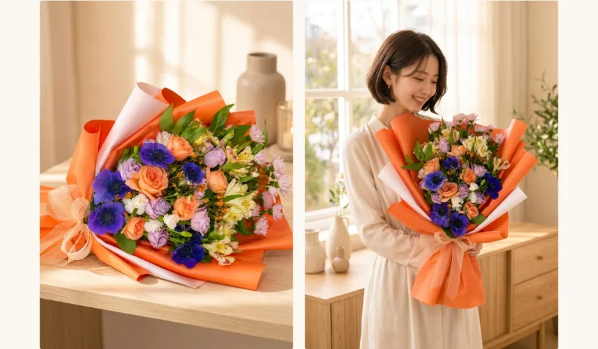 Bó hoa Hoàng hôn bừng nở đặt trên bàn gỗ, và người phụ nữ cầm cùng bó hoa ấy bên cửa sổ