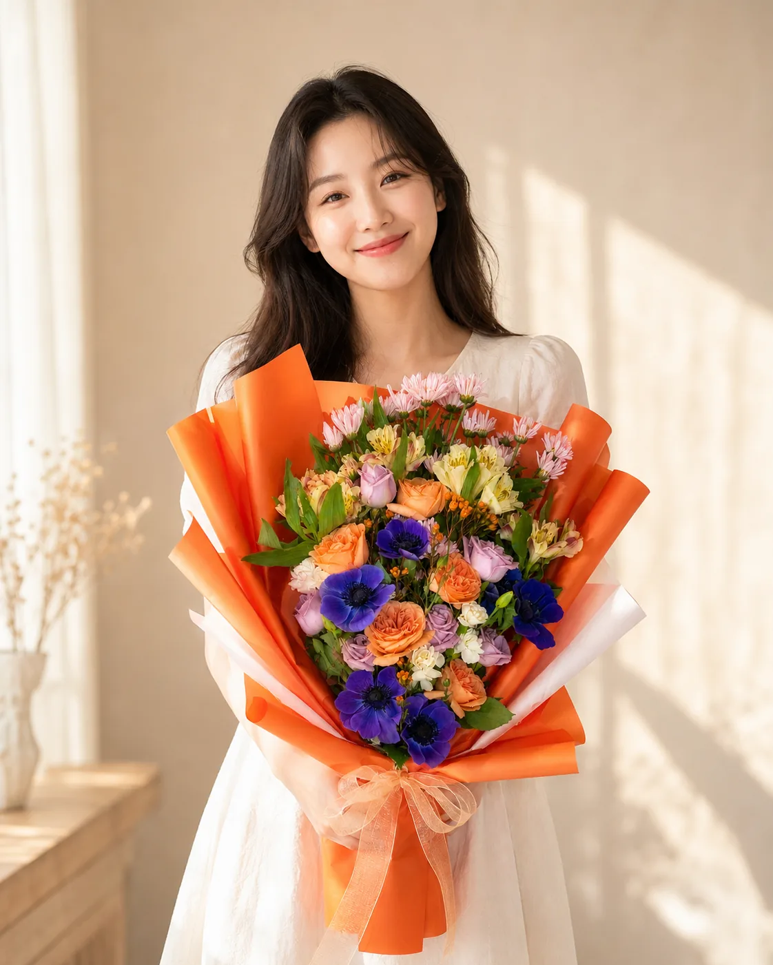 Người phụ nữ mặc váy trắng cầm bó hoa Hoàng hôn bừng nở trước bức tường màu be ấm