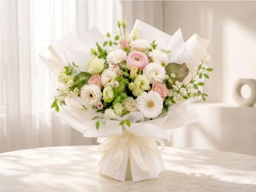 White and pale-pink bouquet in white wrapping paper on a marble table by a sheer curtain