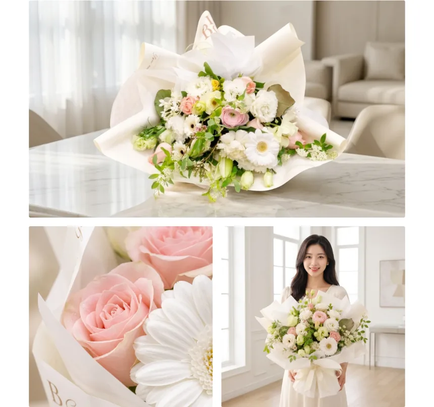 Collage: the white bouquet on a marble table, a close-up of a pink rose and white gerbera, and a woman holding the bouquet in a bright room