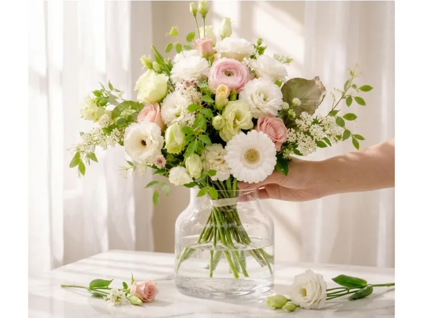White and pink bouquet arranged in a clear glass vase on a marble table, a hand adjusting the stems