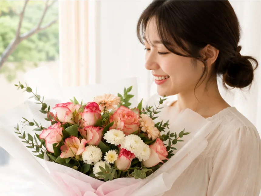 Smiling woman in a white blouse holding the Pink Promise bouquet by a bright window