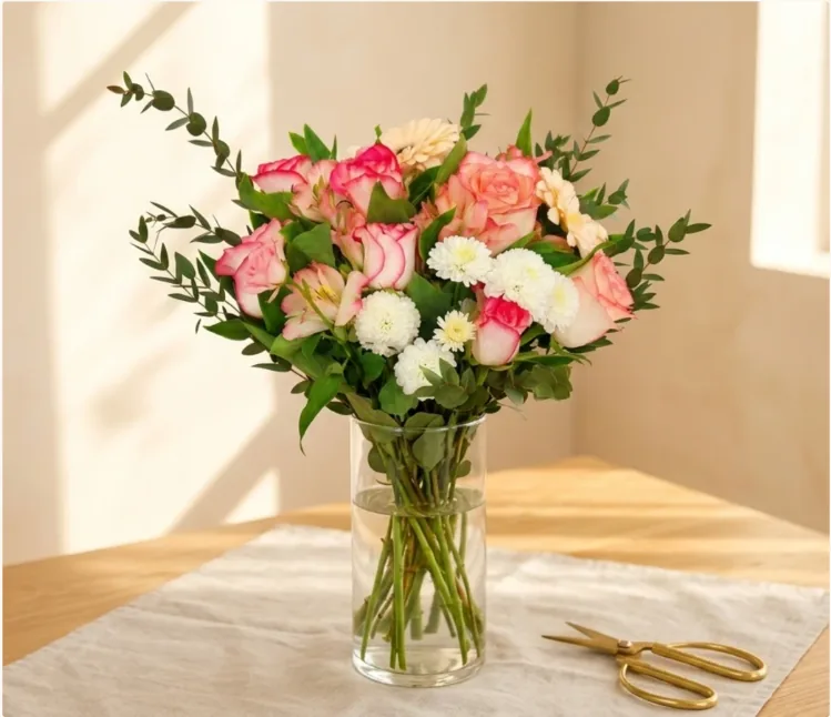 The Pink Promise flowers arranged in a clear glass vase on a wooden table beside a pair of gold scissors