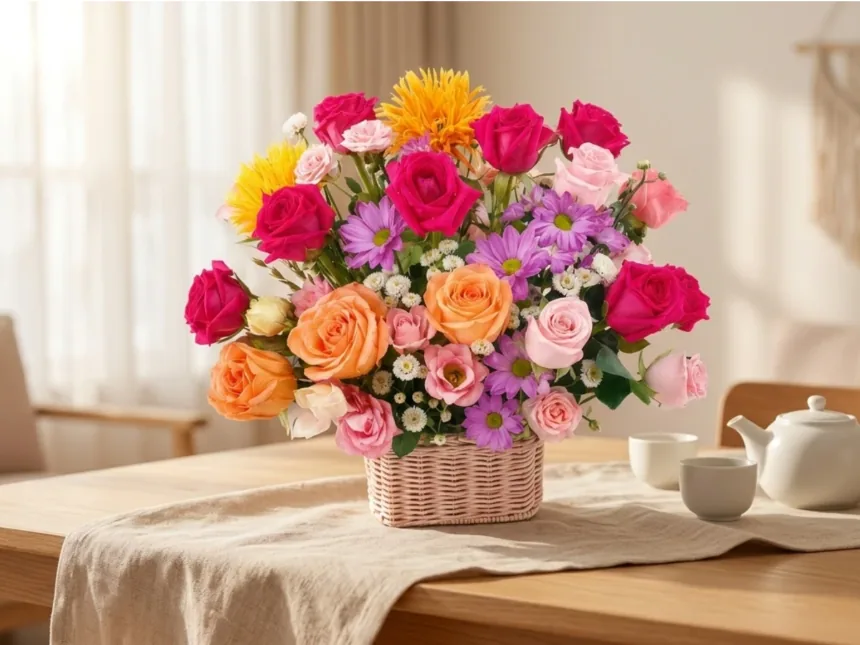 Rattan basket arrangement of hot pink, orange and pale pink roses with purple daisy chrysanthemums and yellow spider chrysanthemums on a wooden table beside a white teapot
