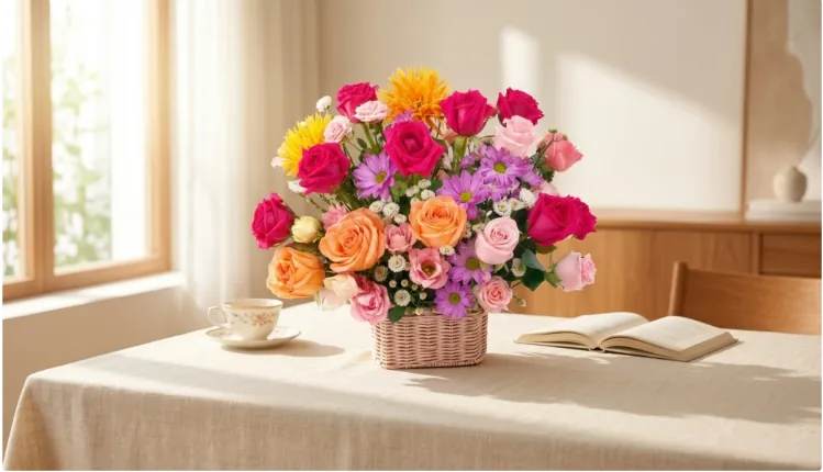 The Lovely Pink Garden basket on a linen-covered table by a sunny window, with an open book and a teacup