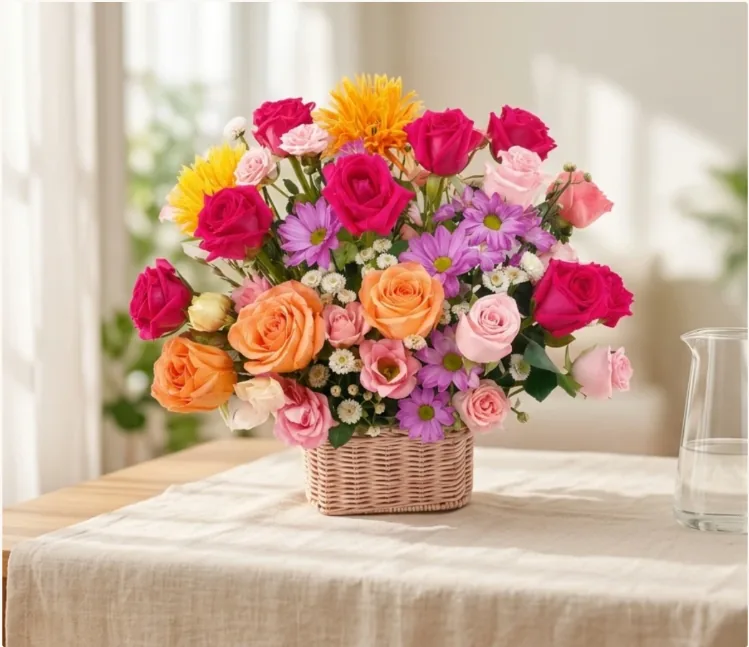 Lovely Pink Garden basket on a table with a linen runner and a glass jug, soft daylight behind