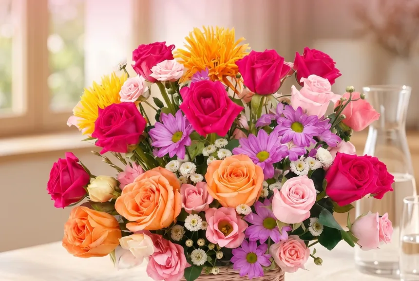 Close view of the Lovely Pink Garden basket with a bright window behind it