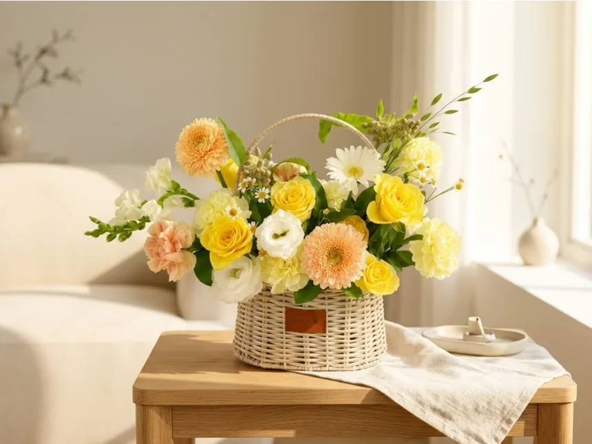 Giỏ mây có quai với hoa hồng vàng, mao lương kem, cát tường trắng, cẩm chướng vàng, cúc pompon đào và cúc dại trắng, đặt trên ghế đẩu gỗ phủ khăn lanh