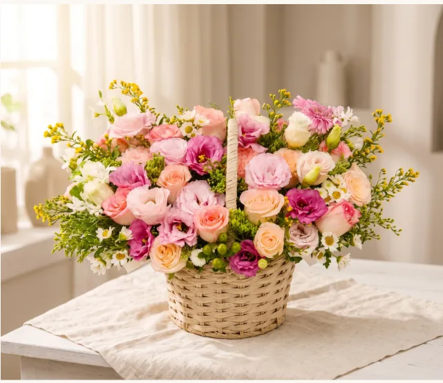 Giỏ hoa rộng với hoa hồng hồng, đào và kem cùng cát tường xếp nếp và cúc dại trắng nhỏ, trong giỏ đan nhạt màu trên bàn trắng