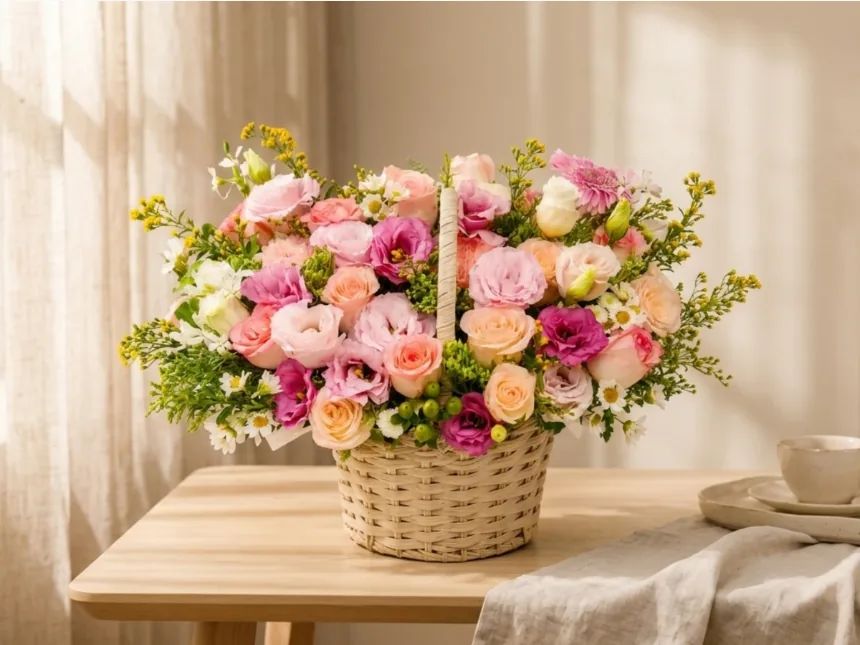 Giỏ hoa trên bàn gỗ sáng màu cạnh tách và đĩa, phía sau là rèm mỏng