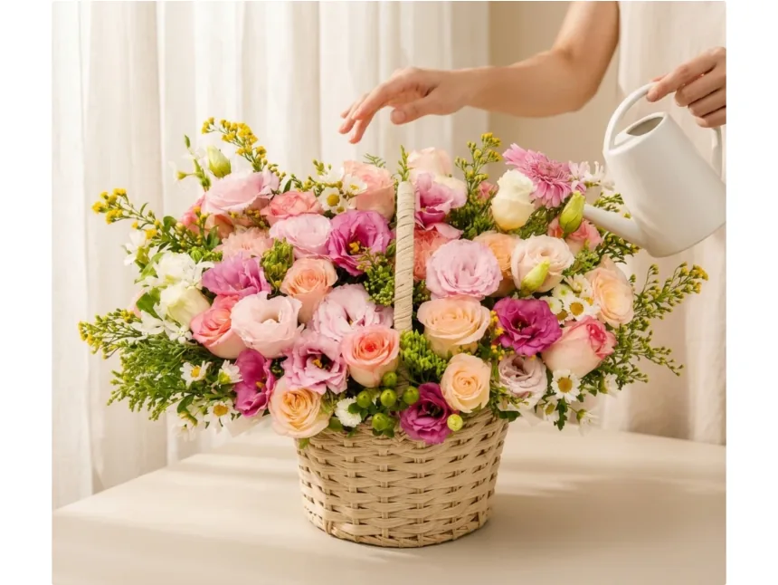 Một người tưới nước cho giỏ hoa bằng bình tưới trắng