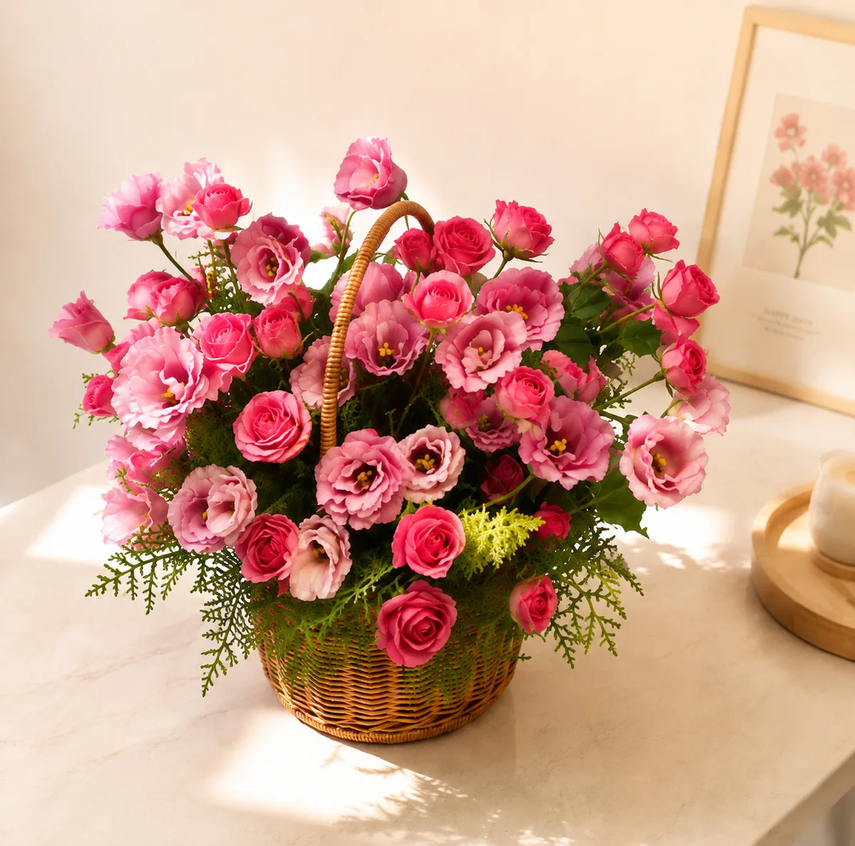 Rattan basket filled with pink silk roses and ruffled pink blooms with green foliage, on a marble counter in sunlight