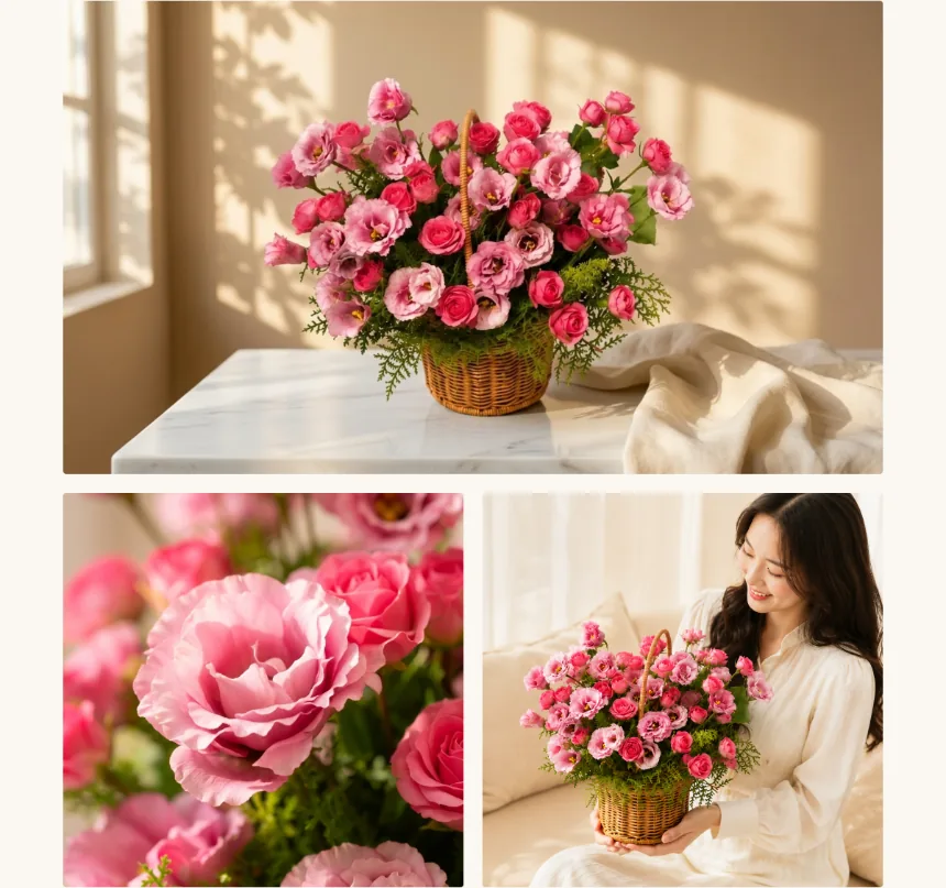 Three views: the basket on a marble table, a close-up of a ruffled pink bloom, and a woman holding the basket on a sofa